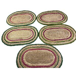 Vintage Placemats Set 5 Raffia Straw Jute Boho Woven Oval Pink Green Yellow